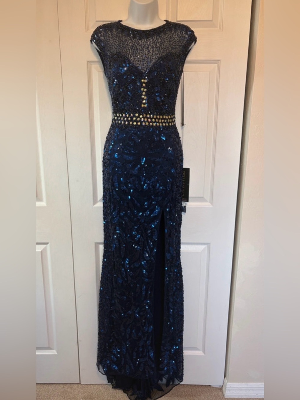 NWT Primavera Couture Midnight Blue Sequined Evening Gown Dress Size 2.